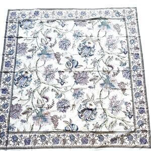 Vintage Cotton Tablecloth Jacobean flowers motif blue sage & white square cloth